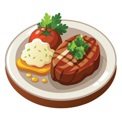 Vector of steak dinner with mashed potatoes and greens, white background
