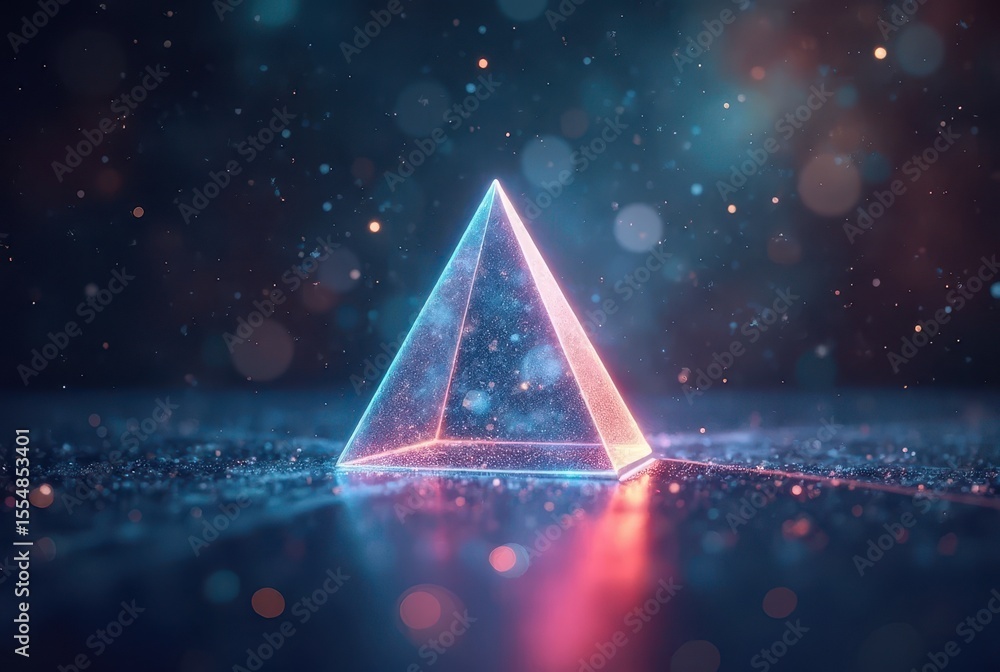 Poster a luminous transparent pyramid with pink and cyan glow floats on a mirror surface in a futuristic en