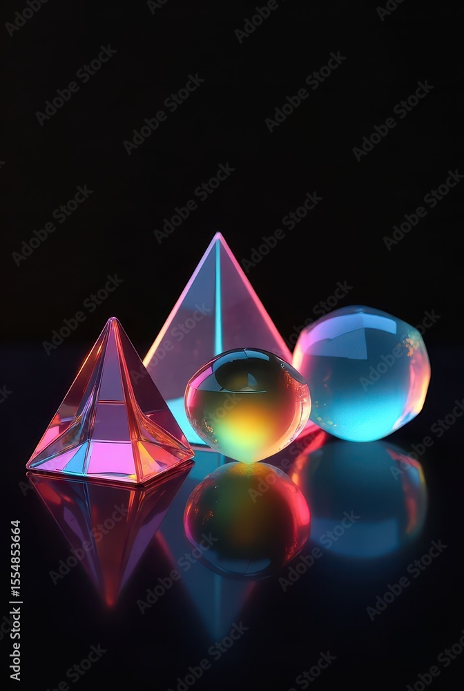 Poster a lineup of translucent 3d solids emits radiant color as they reflect on a black surface. the setup 