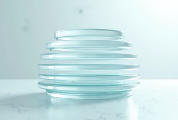 Obraz premium Transparent petri dishes are stacked in a clean scientific setting, forming a pyramid structure with soft laboratory lighting, horizontal composition
