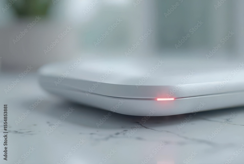 Aufkleber sleek edge of a compact device illuminated by a red led light captures subtle reflections on white c