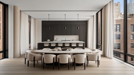 Fototapeta premium Contemporary open-plan dining and kitchen area with city views.