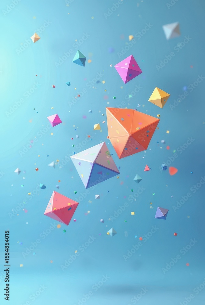 Poster floating polyhedrons appear suspended in a serene bluish space. their soft reflections and edges hig