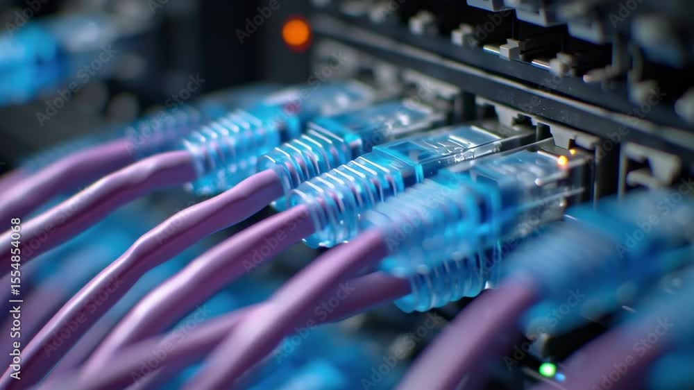 Poster close-up view of network cables terminating at cloud gateway in data center environment