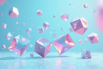 Abstract geometric polyhedrons float in a soft pastel blue environment, showcasing translucent edges and pink reflective surfaces, horizontal composition