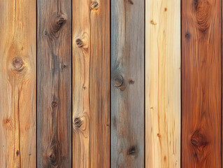 Obraz premium Colorful weathered wooden planks arranged in a row with natural wood grain and knots for background