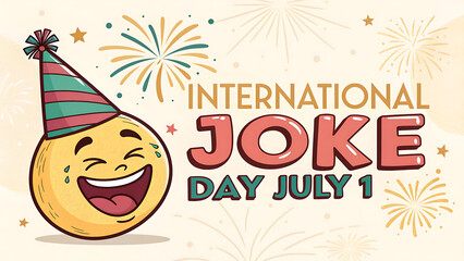 Fototapeta premium Happy international joke day july 1 with laughing emoji and fireworks celebration