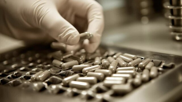 Close-Up of Gloved Hand Dispensing Capsules into a Tray in a Pharmacy Setting