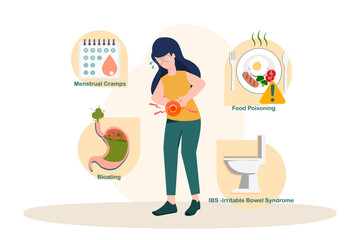 flat-style illustration of a woman experiencing abdominal pain, surrounded by icons representing causes like menstrual cramps, bloating, food poisoning, and irritable bowel syndrome.