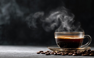 Hot Coffee with Steam in Glass Cup and Coffee Beans on Table