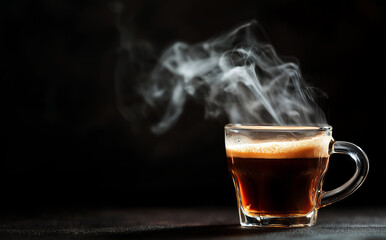 Hot Coffee in Glass Mug with Steam Against Dark Background