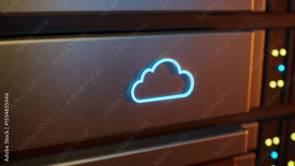 Poster glowing cloud icon etched on metallic surface with vibrant colors illuminated in close-up view