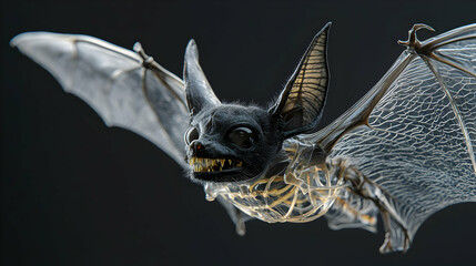 A detailed close-up of a bat in flight, showcasing its skeletal structure beneath translucent wings.  Its dark fur contrasts with the transparent, intricate wing membrane.  
