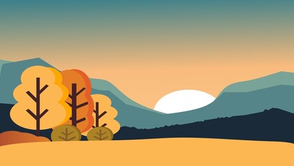 Autumn landscape illustration with colorful trees, hills, and a warm sunset. Ideal for seasonal designs, backgrounds, and nature-themed digital projects.