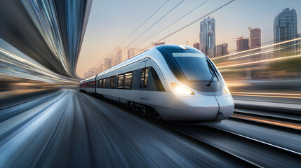 Fototapeta premium Modern high speed train traveling rapidly through an urban landscape futuristic transportation concept showing efficiency and innovation