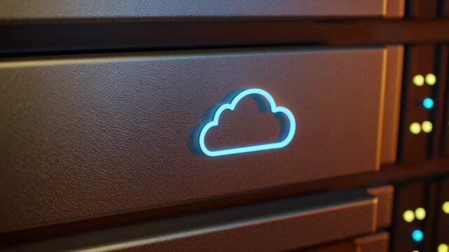 Glowing Cloud Icon Etched on Metallic Surface with Vibrant Colors Illuminated in Close-up View