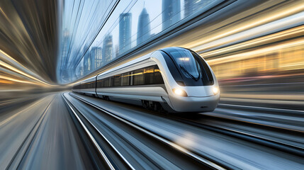Modern high-speed train speeding through urban landscape with blurred motion effect showcasing futuristic transportation technology