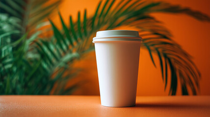 White Cup Mockup on Table with Orange Wall and Palm Leaf Background