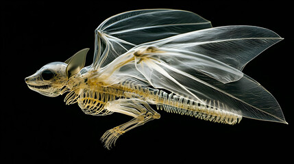 X-ray image of a bat skeleton, showcasing the delicate structure of its wings and body.  Detailed view of bones