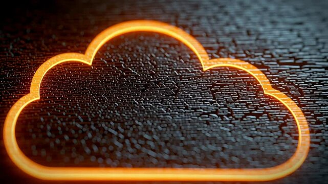Glowing Cloud Icon Etched on Metal Surface with Close-Up Detail in Vibrant Orange Hue