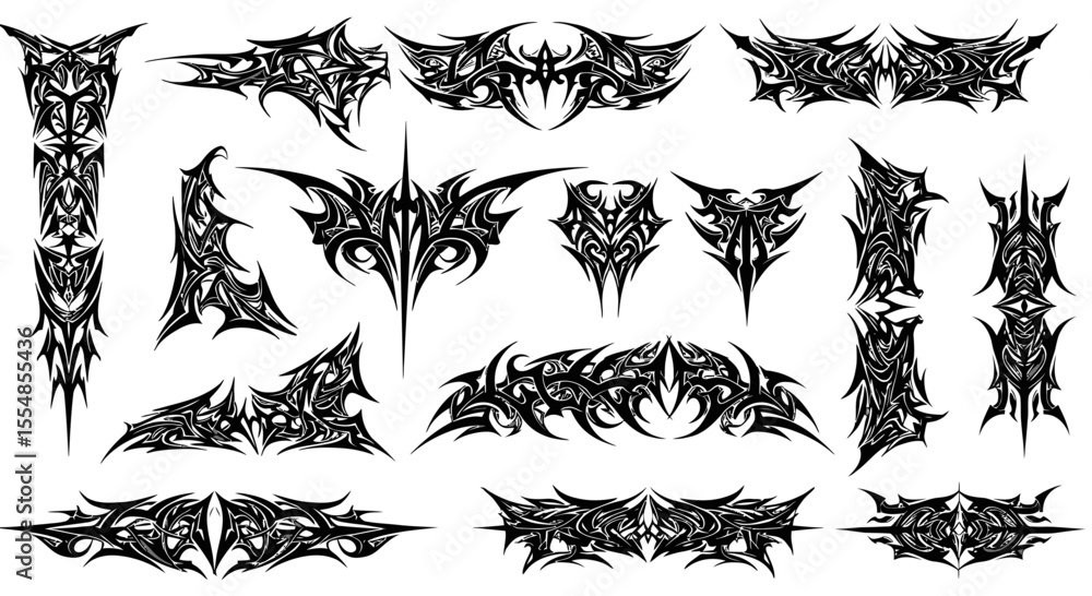 Poster collection of abstract tattoo design elements in black and white with sharp edges