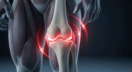 Detailed Anatomical Illustration of a Human Knee Joint with Highlighted Pain Areas for Medical Reference and Study Purposes