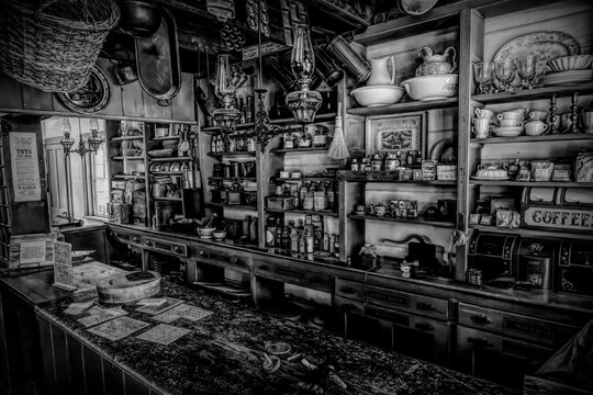 Step back in time with this detailed image of a 19th-century general store at Black Creek Pioneer Village in Toronto.