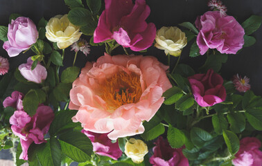 Vibrant Flower Bouquet with Irises and Roses. Floral art. Floral design. Botanical background.