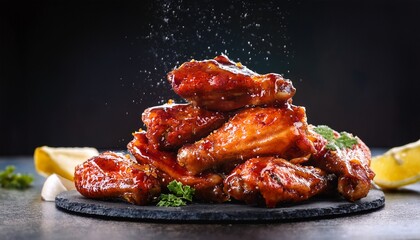 A tempting pile of glazed chicken wings drenched in a rich sauce, garnished with fresh herbs, placed on a dark stone plate. The delicious drizzle of sauce highlights the mouth-watering texture. AI