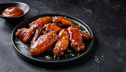 A plate of deliciously glazed chicken wings drizzled with sauce, garnished with sesame seeds and herbs, served with a side of ketchup, against a dark concrete background.