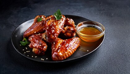 Close-up of glazed chicken wings served on a black plate with dipping sauce. Juicy, spicy, and glossy - perfect for food promotion, menu design, or fast food advertising. AI