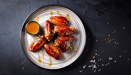 Glossy glazed chicken wings served with dipping sauce on a ceramic plate, garnished with sesame and...