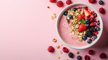 Overhead shot of a beautifully arranged smoothie bowl filled with a vibrant pink mixture topped with fresh berries and granola on a pastel pink background