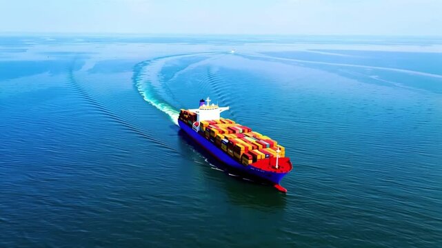 Aerial view cargo ship sailing ocean blue water transporting goods global trade logistics