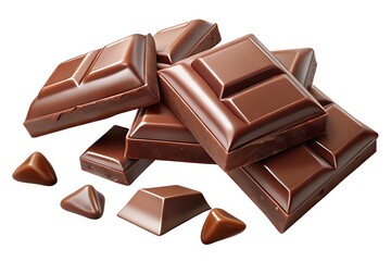 Dark chocolate pieces and triangular chocolates arranged on a white background close up