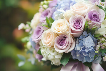 Lavender Purple Roses Cream Peonies Blue Hydrangeas Bouquet