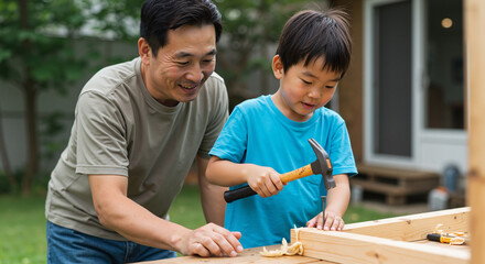 Father and son working together on woodworking project outdoors  