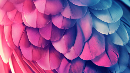 Vibrant and colorful bird feathers with detailed close-up showing purple pink and blue shades and soft texture