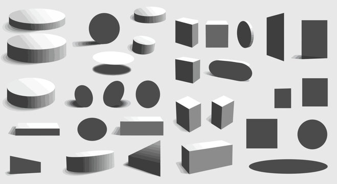 Collection of varied geometric primitive shapes with subtle shadows illustration