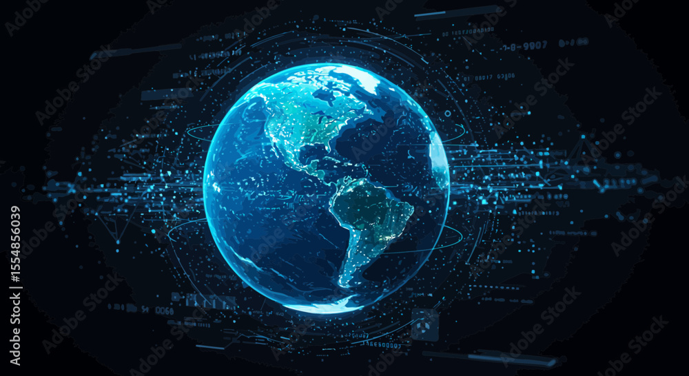 Poster digital earth with network connection and data transfer around the globe