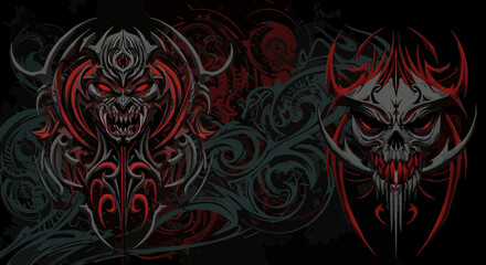 Crimson and charcoal demon skull designs, intricate macabre vector art