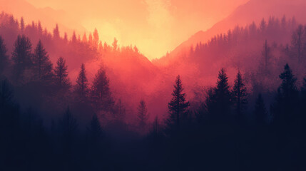Obraz premium Majestic Misty Mountain Forest Landscape with Sunlight Filte Through Tall Evergreen Trees at Dawn