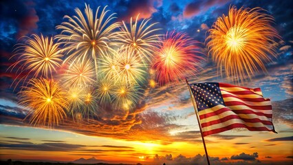 American flag waves proudly under a spectacular fireworks display at sunset