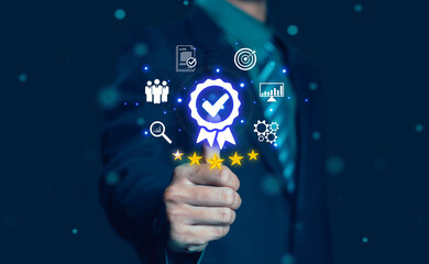 Businessman giving thumbs up to quality assurance icon. Audit, Business, Certification, Control,...