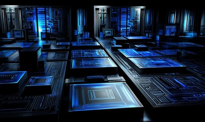 Cybernetic city illuminated in blue light