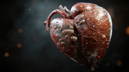 Detailed Close-Up of a Decayed Human Heart with Visible Texture and Wrinkles, Dark Background