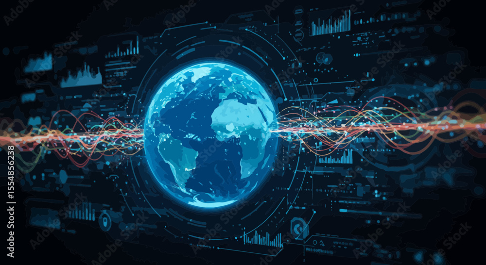 Poster digital world with information stream and futuristic hud interface display
