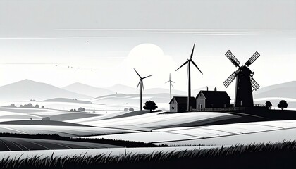 Monochrome landscape Windmills farmhouses and rolling hills under a serene sky