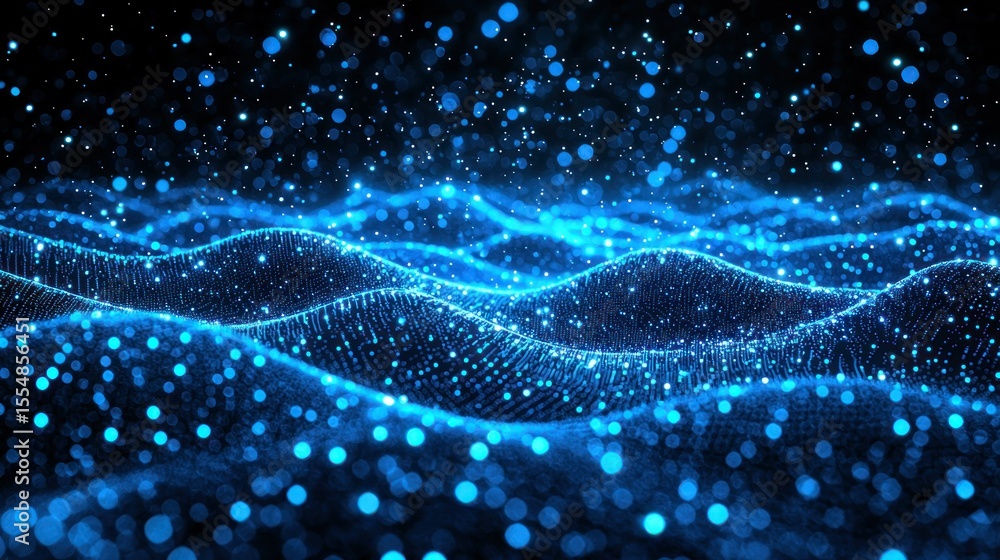 Poster glowing blue dots form undulating waves; blurred bokeh lights