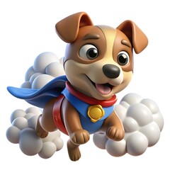Cute cartoon superhero dog flying through fluffy white clouds wearing a cape